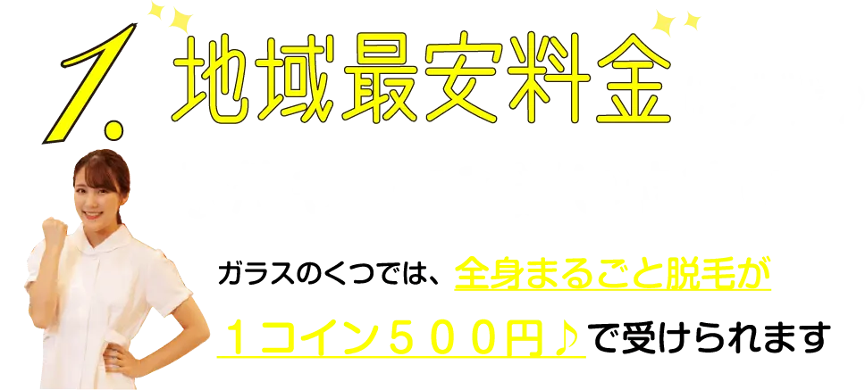 地域最安料金に挑戦。予約も取れて通いやすい！ガラスのくつでは、全身まるごと脱毛が１コイン５００円♪で受けられます